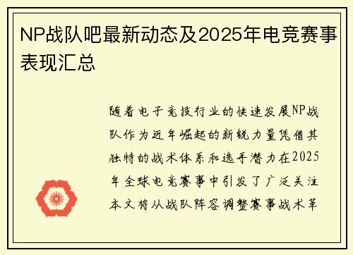 NP战队吧最新动态及2025年电竞赛事表现汇总