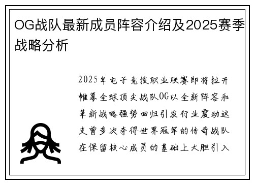 OG战队最新成员阵容介绍及2025赛季战略分析